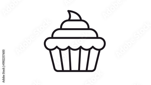 Cupcake vector icon with frosting swirl and pleated paper liner, minimalist black line art illustration of a sweet dessert treat, isolated on white background for graphic design and web use.