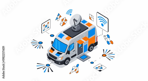 Isometric 3D Illustration of a Mobile Telecommunications Van with Satellite Dish, Wi-Fi Icons, and Digital Connectivity Network Elements for Global Data Broadcasting
