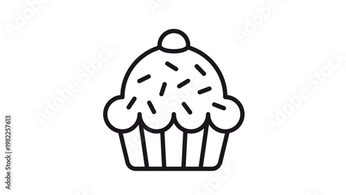 Cupcake vector icon with frosting, sprinkles, and a cherry on top. Minimalist black line art illustration of a sweet dessert muffin, perfect for bakery, food, and celebration graphic designs.