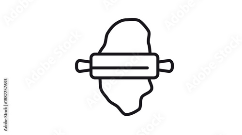 Minimalist black vector icon illustration of a rolling pin flattening dough, perfect for baking, cooking, and bakery-themed graphic design projects, isolated on a white background.