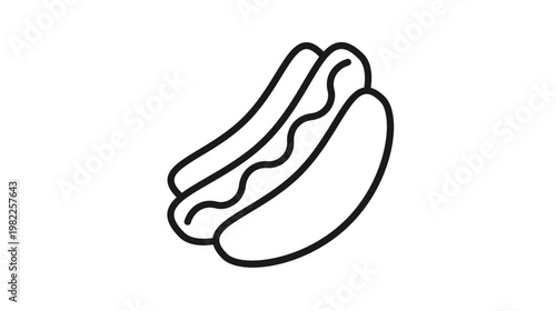 Hot dog vector icon, minimalist black line art illustration of a classic sausage in a bun with mustard and sesame seeds, isolated on white background for fast food menu and restaurant design.