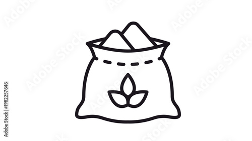 Sack of grain vector icon, black line art illustration of a burlap bag filled with seeds or flour featuring a leaf emblem, minimalist scalable graphic symbol for agriculture and food industry