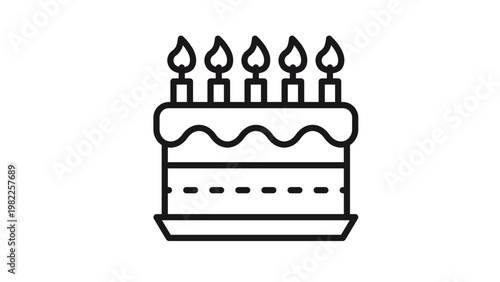 Birthday cake vector icon with five lit candles and decorative frosting, minimalist black line art illustration for celebration, anniversary, party, and holiday design, isolated on white.