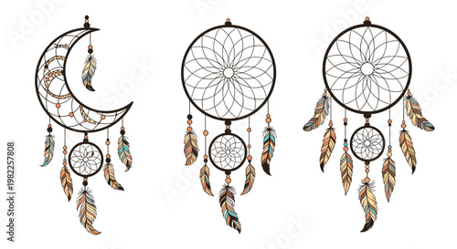 Set of three beautiful dreamcatchers with moon and sun motifs decorated with feathers and beads in an ethnic bohemian style for spiritual home decor.