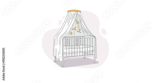 Elegant white baby crib with a soft flowing canopy and hanging celestial mobile featuring moon and star shapes for nursery decor.