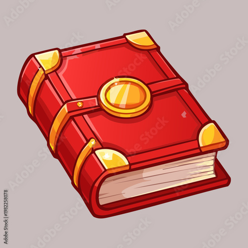 Ancient red tome with gold frame for fantasy RPG game book icon or magic grimoire asset in medieval adventure world interface design project