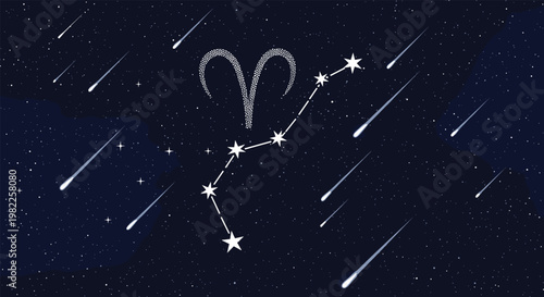 Aries zodiac sign symbol and constellation depicted in a beautiful starry night sky with numerous bright shooting stars falling down.
