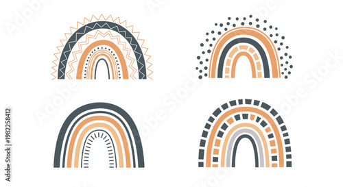 Set of four decorative bohemian rainbows featuring various patterns and earthy colors for nursery or children room wall art.