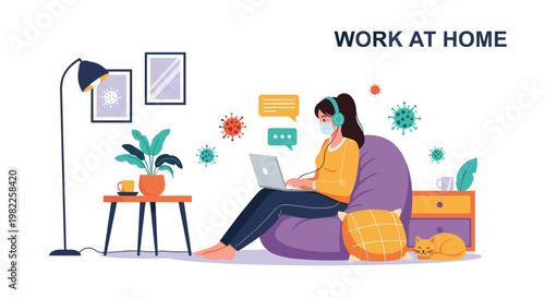 Modern concept of working from home during quarantine showing a woman using a laptop and headphones while wearing a protective mask.