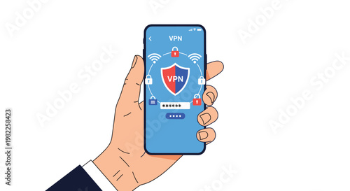 Professional concept of mobile security showing a hand holding a smartphone with a vpn application for protected internet connection.