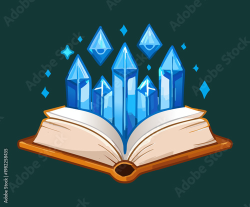 open magic book with blue crystals floating light fantasy wizard spell equipment mystical diary sorcery manual adventure game icon decorative tome ancient scroll