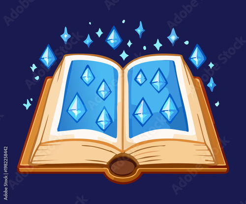 ornate magic spell book blue gemstones dark cover fantasy wizard equipment mystical journal sorcery manual adventure game icon decorative leather tome ancient knowledge