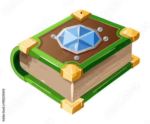 green magic spell book emerald gemstone cover fantasy wizard equipment mystical diary sorcery manual adventure game icon decorative leather tome ancient knowledge