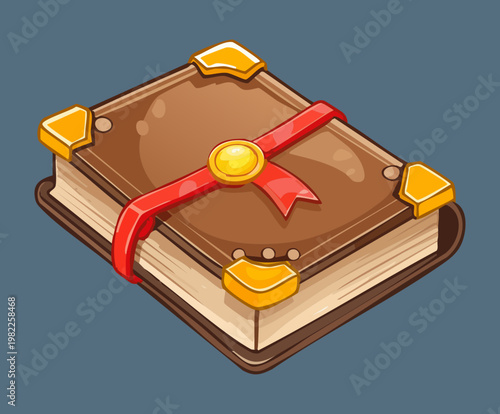 brown leather grimoire book red ribbon gold jewel fantasy wizard equipment mystical diary sorcery manual adventure game icon decorative tome ancient scroll knowledge
