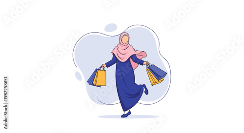 Joyful muslim woman wearing a traditional blue abaya and pink hijab carrying colorful shopping bags after a successful trip.