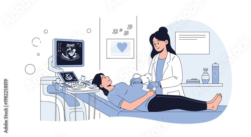 Professional female doctor performing a prenatal ultrasound examination on a pregnant woman in a modern medical clinic or hospital room.