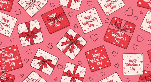 Seamless pattern of Valentine's Day gift boxes with red ribbons and hearts on a pink background for romantic holiday celebrations.
