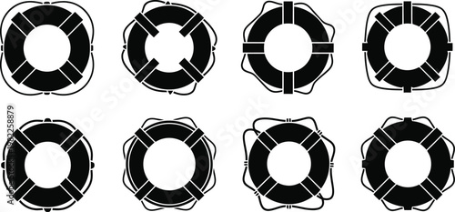 Collection of eight distinct black and white vector lifebuoy safety icons, perfect for maritime design.