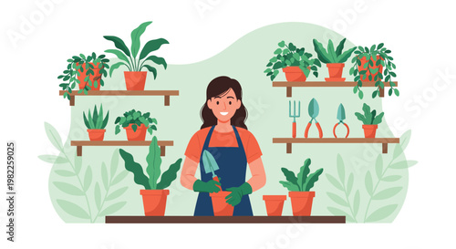Happy female gardener standing behind a workbench in a green house or shop filled with many potted plants and gardening tools on shelves.