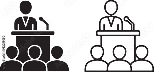 Public Speaker at Podium with Audience Icon Set Vector