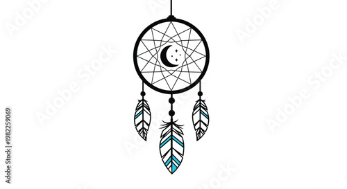 Traditional dreamcatcher illustration featuring a webbed hoop with a crescent moon and stars center and three hanging decorative feathers.