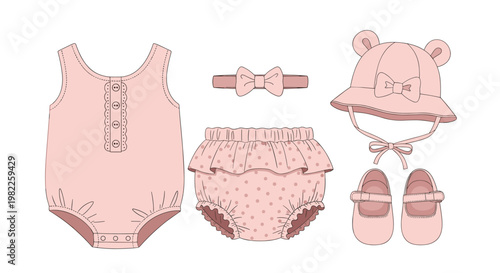 Adorable baby girl clothing set in soft pink with a sleeveless onesie, headband, bear ear hat, diaper cover, and matching shoes.