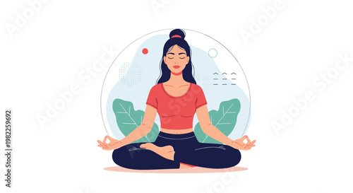 Peaceful woman sitting in a lotus pose meditating to find inner balance and mindfulness surrounded by abstract shapes and leaves.