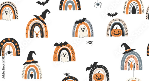 Fun seamless Halloween pattern with cute ghosts, pumpkins, witch hats, rainbows, and spiders in traditional orange and black colors.