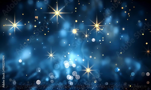 Glowing blue lights and stars shine brightly in a dark night sky filled with bokeh effects and sparkling particles.