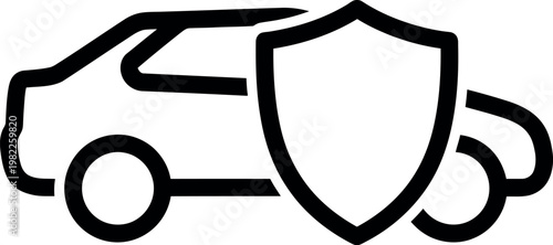 Simple black line art icon of a protective shield positioned over a car silhouette representing automotive insurance coverage or vehicle security and safety services concepts