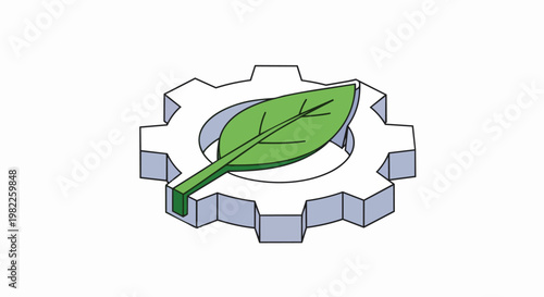 Green Technology and Sustainable Industry Icon: Leaf on a Cogwheel Gear Symbolizing Environmental Engineering and Renewable Energy Solutions
