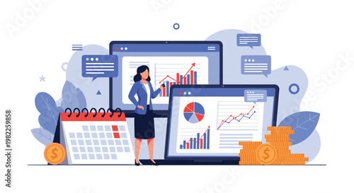 Professional woman analyzing financial reports and market trends on multiple computer screens with a calendar and coins for planning.