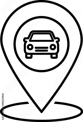 A simple black and white outline icon illustrating a car positioned within a map location pin, symbolizing vehicle tracking, parking spots, or modern ride-sharing service applications.