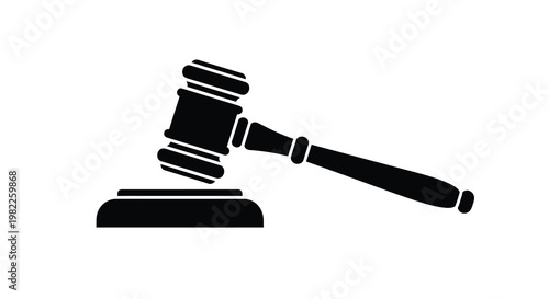 A black silhouette of a gavel resting on a sound block symbolizing law and order