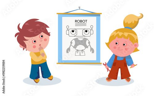Cute little engineers with robot blueprint kids studying tech scheme isolated on white. Young inventors engaged in project boy and girl preparing for robot assembly.