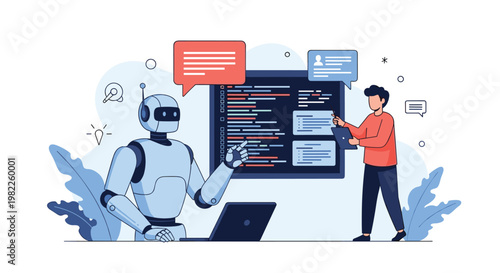 Developer and an artificial intelligence robot working together to write and review computer code on a large digital screen.