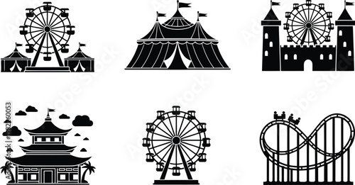 Black Vector Graphic Collection Featuring Various Amusement Park And Fairground Entertainment Icons