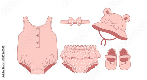 Pink baby clothing set including a simple onesie, matching hat, shoes, diaper cover, and a cute bow headband for a newborn girl.