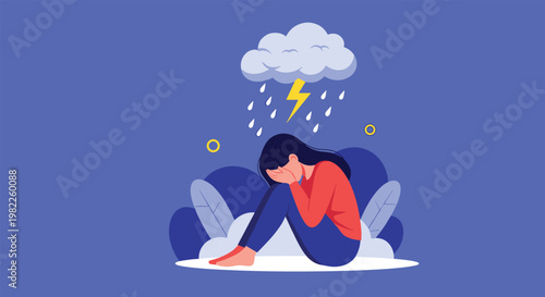 Lonely woman sitting in despair under a dark storm cloud with rain and lightning depicting mental health issues and sadness.