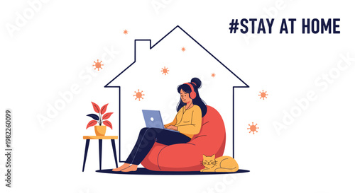 Young woman staying productive at home by working on her laptop while relaxing in a beanbag during the stay at home period.