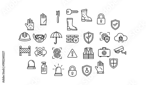 Protection line icons in circular layout with security hygiene safety gear and digital protection symbols vector set