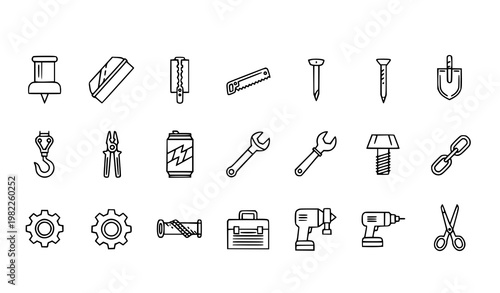 Metal line icons in circular layout with industrial tools razor blade pliers gear and hardware symbols vector set