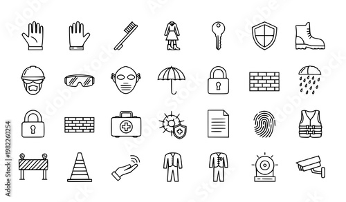 Protection outline icons set with safety security hygiene and personal equipment symbols in minimal linear style vector collection