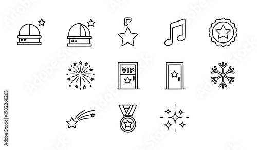 Star outline icons set with observatory favorite music fireworks vip door and snowflake symbols in minimal linear style vecto