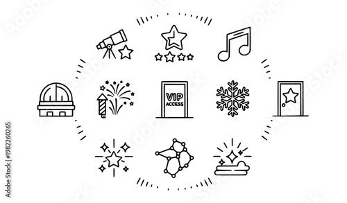 Star line icons in circular layout with observatory fireworks vip access and rating symbols modern vector collection