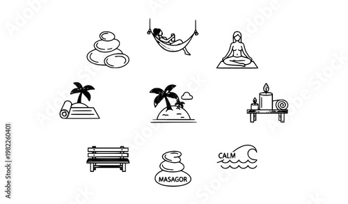 Relaxation line icons in circular layout with spa yoga hammock island and meditation symbols vector set