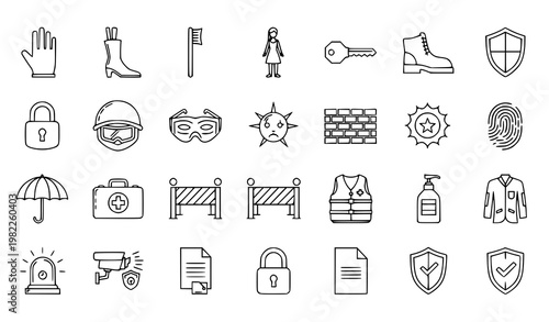 Minimal protection outline icon set with safety security hygiene and personal gear symbols in abstract modern layout vector
