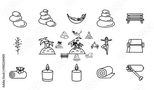 Minimal relaxation outline icon set with spa yoga hammock island and wellness symbols in abstract modern layout vector