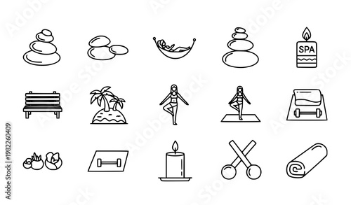 Relaxation outline icons set with spa yoga hammock island and wellness symbols in minimal line style vector collection