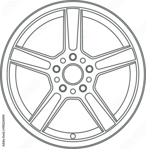 Minimalist black outline of a sleek car wheel rim design featuring five spokes isolated on a clean white background for automotive styling and mechanical concepts